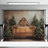 Aperturee - Aperturee Ornate Gold Baroque Bench Photography Backdrop Elegant Christmas Trees Royal Holiday Mini Session Background